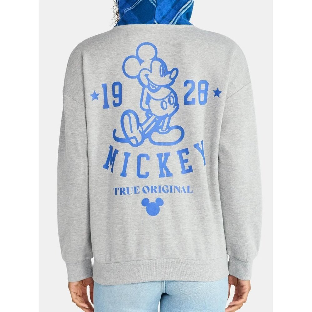 Mickey Mouse Women's Plaid Hoodie, Size L, Relaxed Fit, Gray Wash, Long Sleeve - Picture 2 of 5
